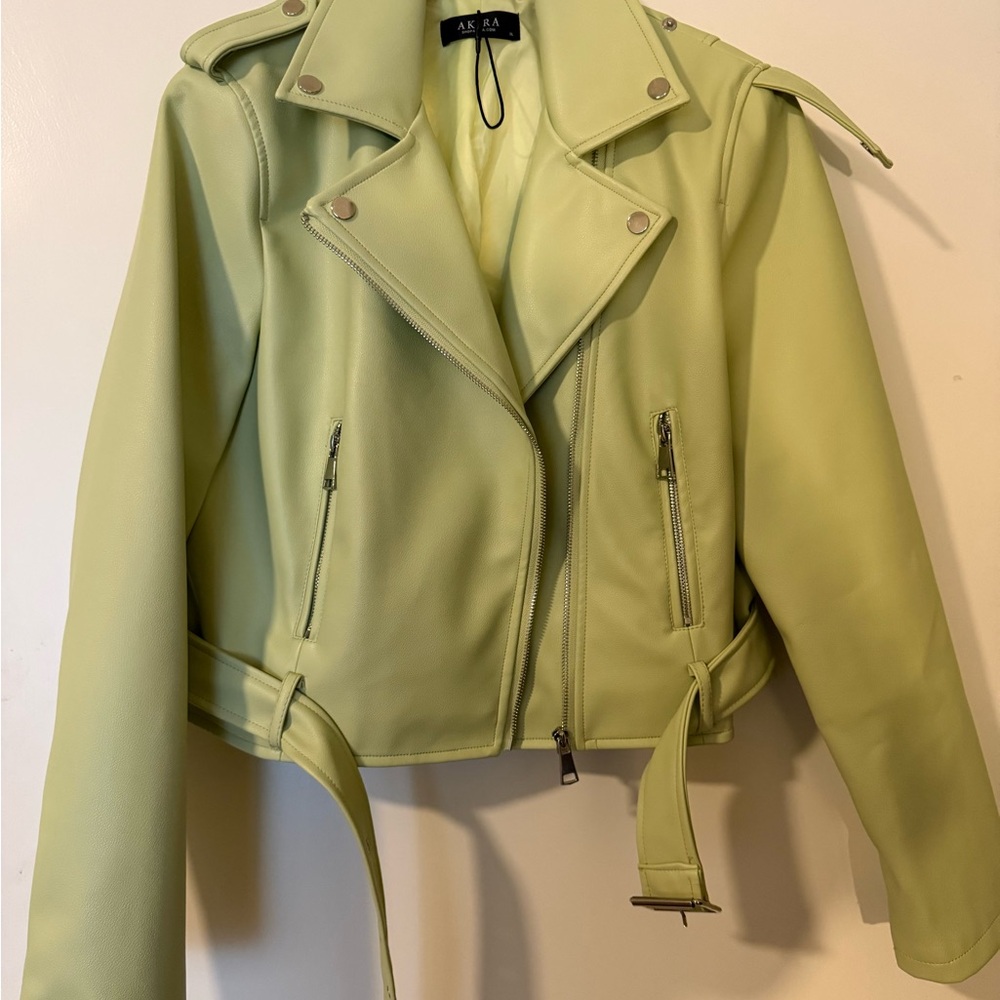 AKIRA Light Green Leather Biker Jacket